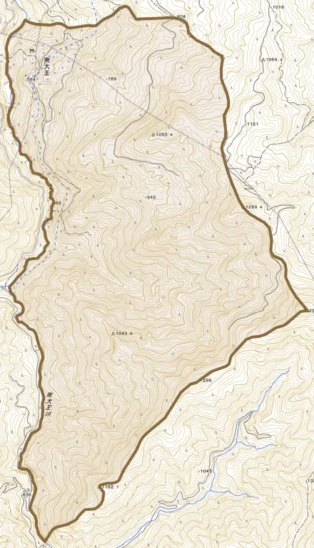 南大王とその周辺の地図。町の範囲を重ねている