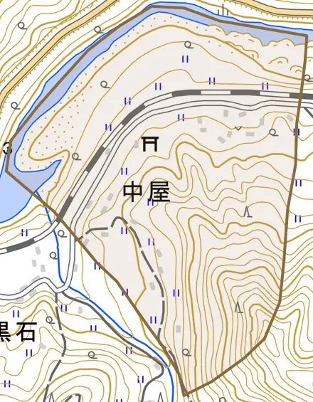 中屋とその周辺の地図。町の範囲を重ねている
