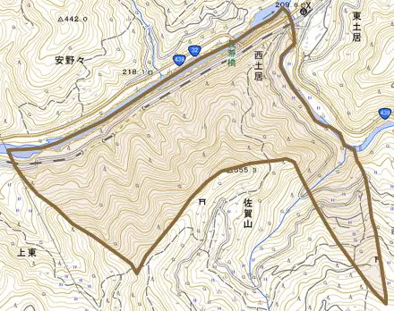 西土居とその周辺の地図。町の範囲を重ねている