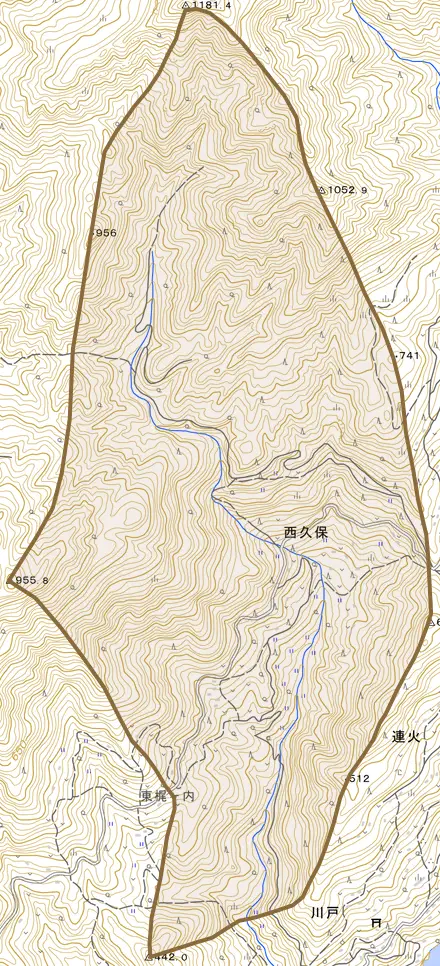 西久保とその周辺の地図。町の範囲を重ねている