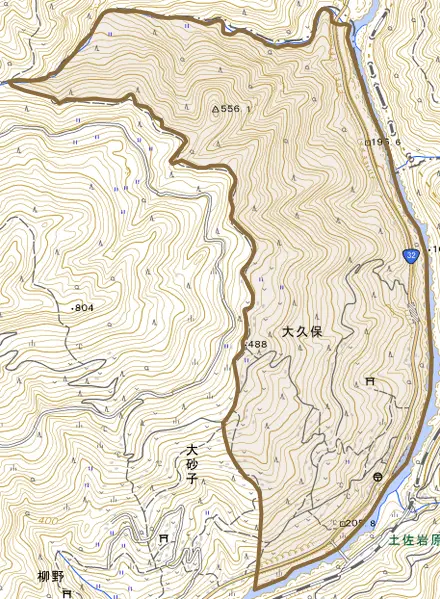大久保とその周辺の地図。町の範囲を重ねている