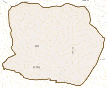 奥大田とその周辺の地図。町の範囲を重ねている