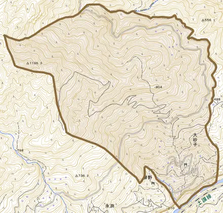 大砂子とその周辺の地図。町の範囲を重ねている