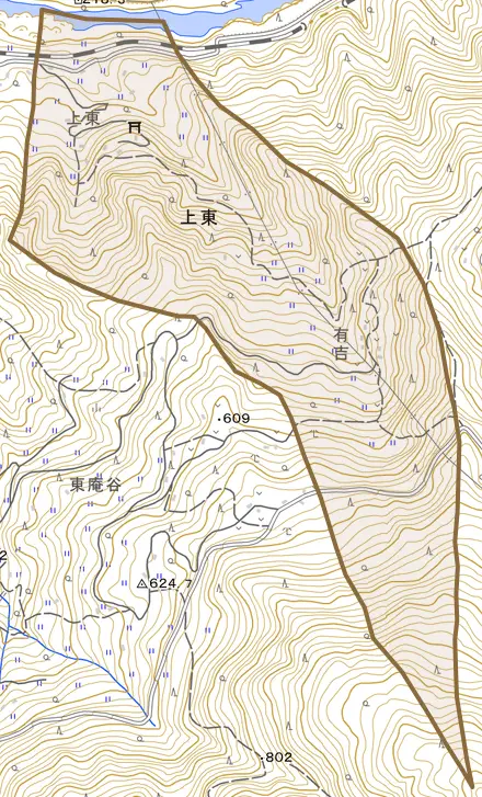 上東とその周辺の地図。町の範囲を重ねている