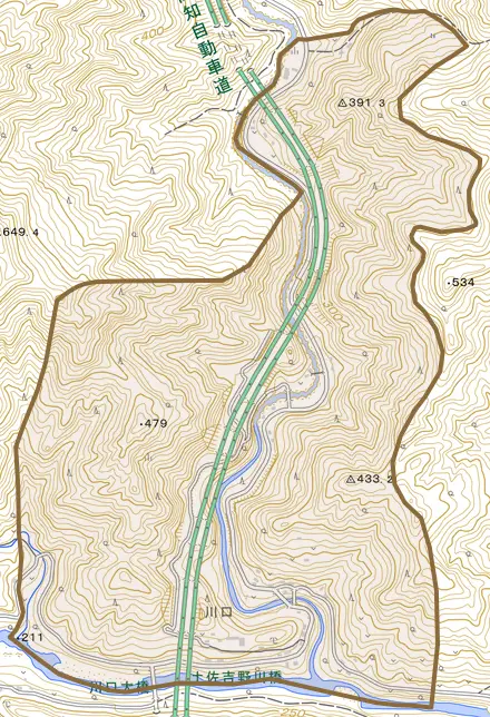 川口とその周辺の地図。町の範囲を重ねている