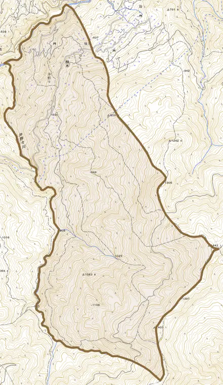 柚木とその周辺の地図。町の範囲を重ねている