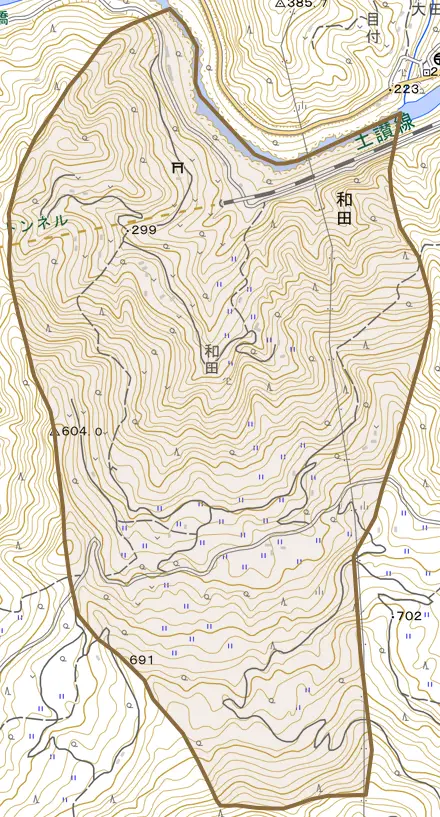 和田とその周辺の地図。町の範囲を重ねている