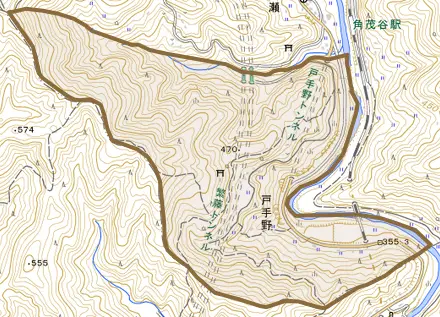戸手野とその周辺の地図。町の範囲を重ねている