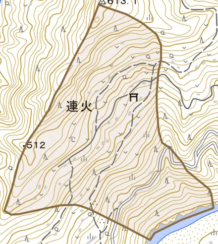 連火とその周辺の地図。町の範囲を重ねている