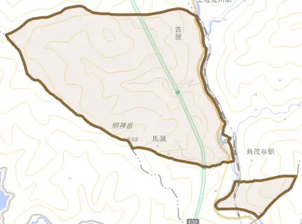 馬瀬とその周辺の地図。町の範囲を重ねている