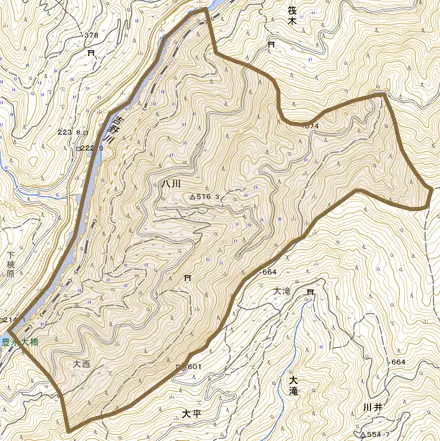 八川とその周辺の地図。町の範囲を重ねている