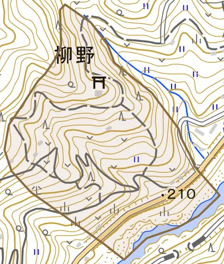 柳野とその周辺の地図。町の範囲を重ねている