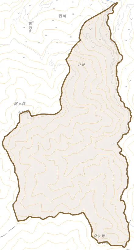 八畝とその周辺の地図。町の範囲を重ねている