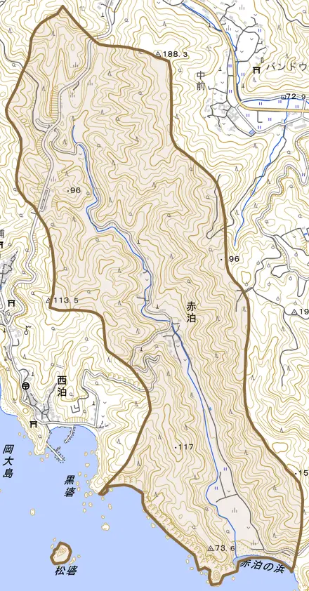 大字赤泊とその周辺の地図。町の範囲を重ねている