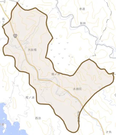 大字姫ノ井とその周辺の地図。町の範囲を重ねている