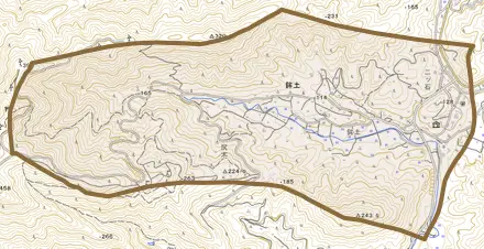 大字鉾土とその周辺の地図。町の範囲を重ねている