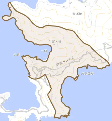 大字一切とその周辺の地図。町の範囲を重ねている