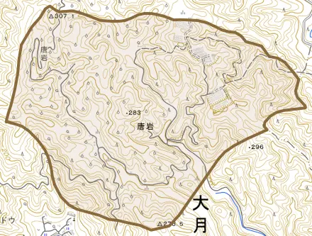唐岩とその周辺の地図。町の範囲を重ねている