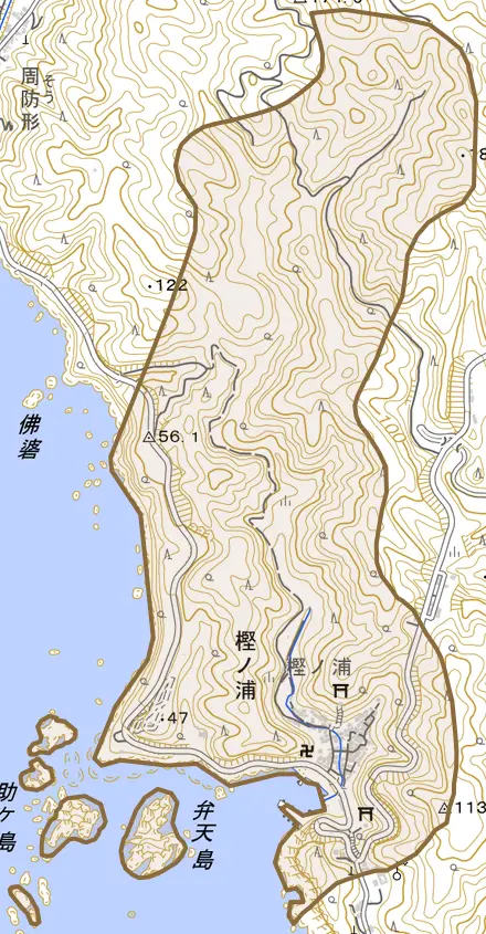 大字樫ノ浦とその周辺の地図。町の範囲を重ねている