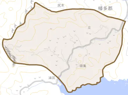 大字頭集とその周辺の地図。町の範囲を重ねている