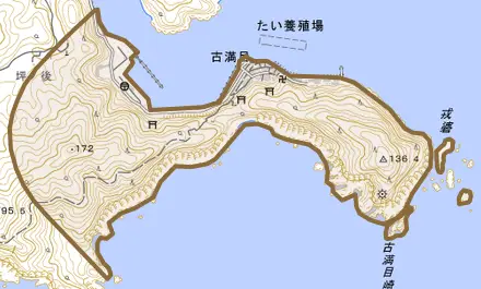 大字古満目とその周辺の地図。町の範囲を重ねている