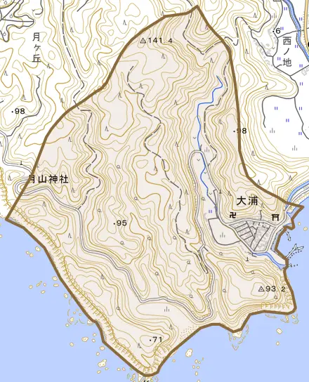 大字大浦とその周辺の地図。町の範囲を重ねている