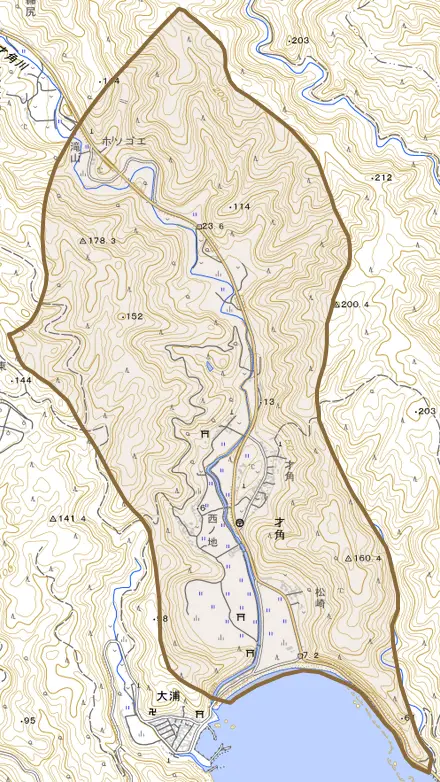 大字才角とその周辺の地図。町の範囲を重ねている