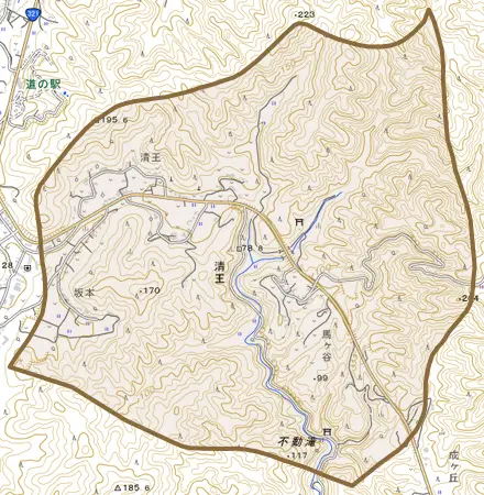 大字清王とその周辺の地図。町の範囲を重ねている