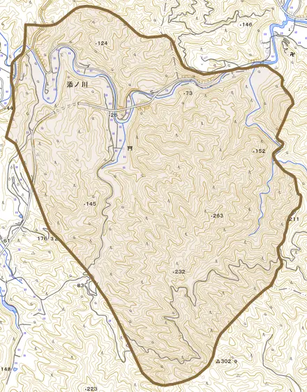 大字添ノ川とその周辺の地図。町の範囲を重ねている