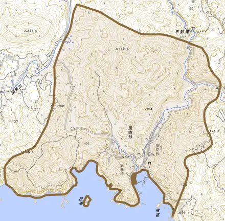 大字周防形とその周辺の地図。町の範囲を重ねている