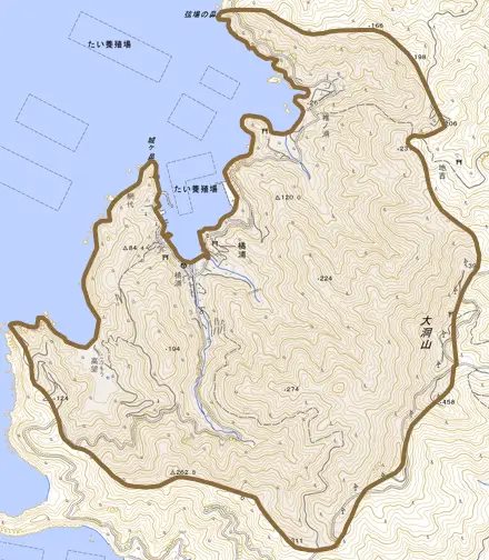 大字橘浦とその周辺の地図。町の範囲を重ねている