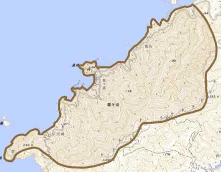 大字龍ケ迫とその周辺の地図。町の範囲を重ねている