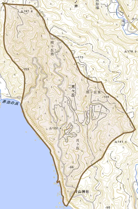 大字月ケ丘とその周辺の地図。町の範囲を重ねている