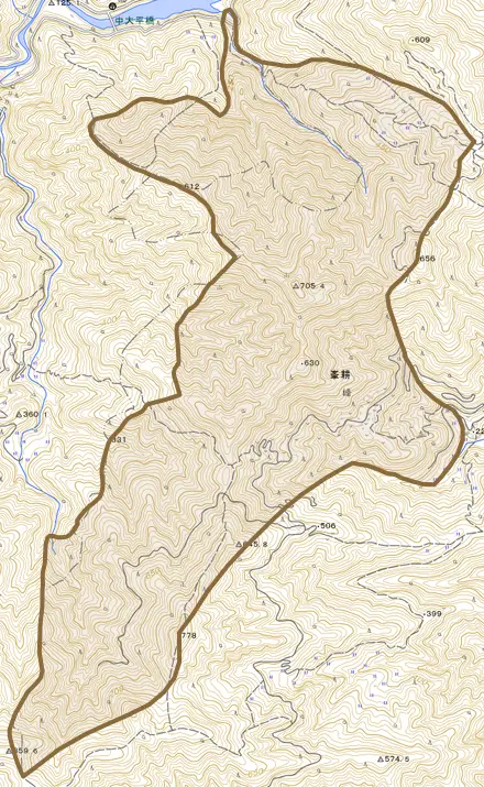 峰耕とその周辺の地図。町の範囲を重ねている