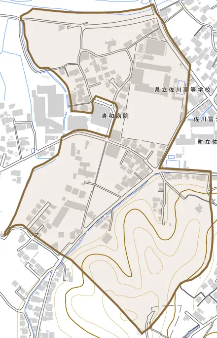 中組とその周辺の地図。町の範囲を重ねている