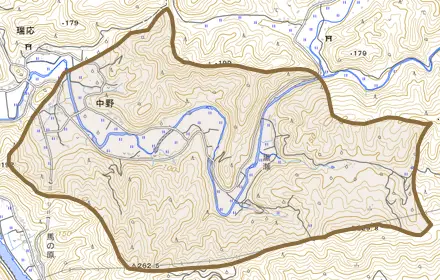 中野とその周辺の地図。町の範囲を重ねている