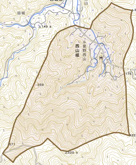 西山組とその周辺の地図。町の範囲を重ねている