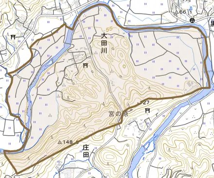 大田川とその周辺の地図。町の範囲を重ねている