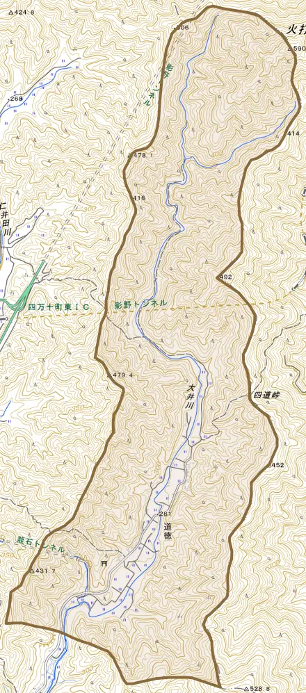 道徳とその周辺の地図。町の範囲を重ねている