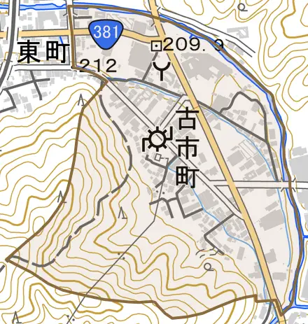 古市町とその周辺の地図。町の範囲を重ねている