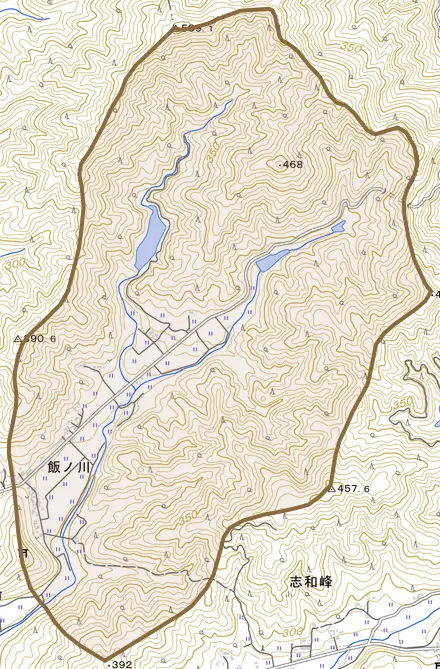 飯ノ川とその周辺の地図。町の範囲を重ねている