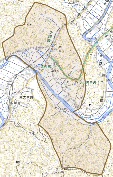 平串とその周辺の地図。町の範囲を重ねている