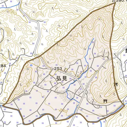 弘見とその周辺の地図。町の範囲を重ねている
