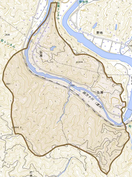 弘瀬とその周辺の地図。町の範囲を重ねている