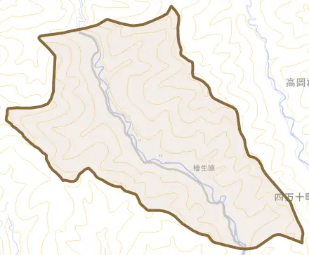 檜生原とその周辺の地図。町の範囲を重ねている