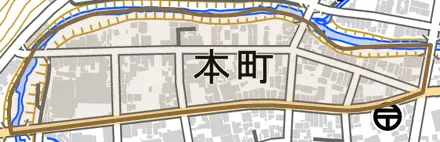 本町とその周辺の地図。町の範囲を重ねている