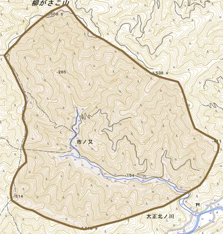市ノ又とその周辺の地図。町の範囲を重ねている