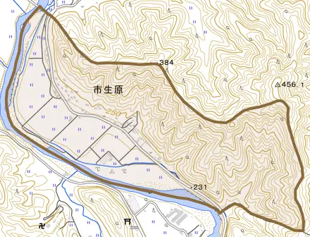 市生原とその周辺の地図。町の範囲を重ねている