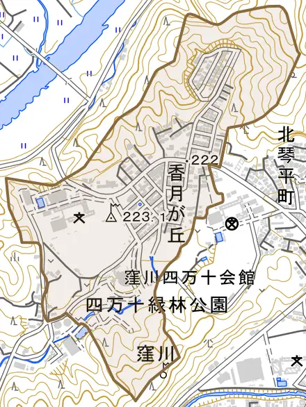 香月が丘とその周辺の地図。町の範囲を重ねている