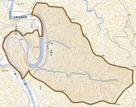 上秋丸とその周辺の地図。町の範囲を重ねている